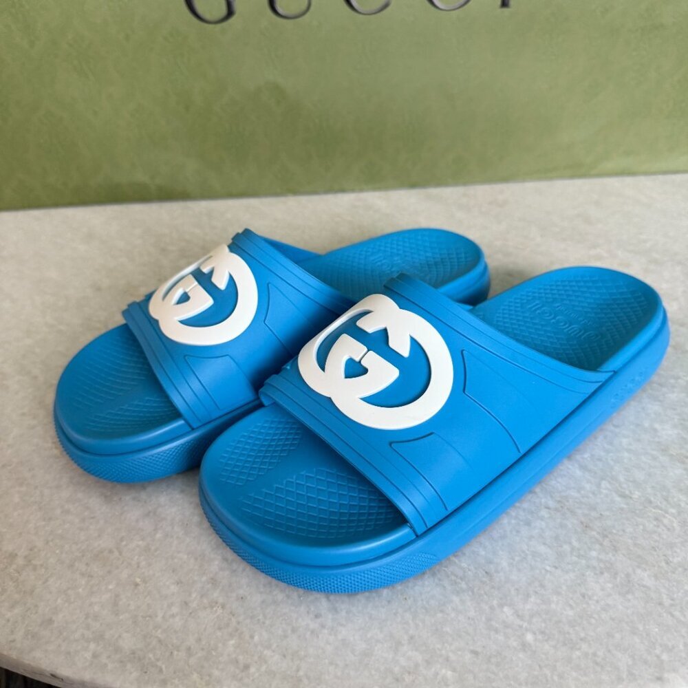 GUCCI 780296 Blue Rubber Men's GG Sandals, sz Gucci 7 - Picture 4 of 11